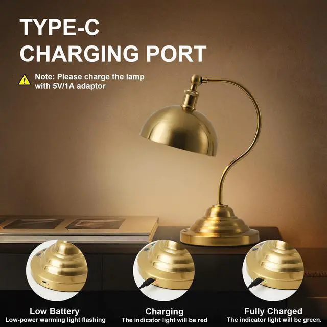 Alt view image 6 of 7 - Cordless LED Table Lamp, Battery Operated Desk Lamps with Swing Arm & Plastic Shade, Vintage Small Rechargeable Dimmable Light for Bedroom, Living Room, Nightstand, Brass