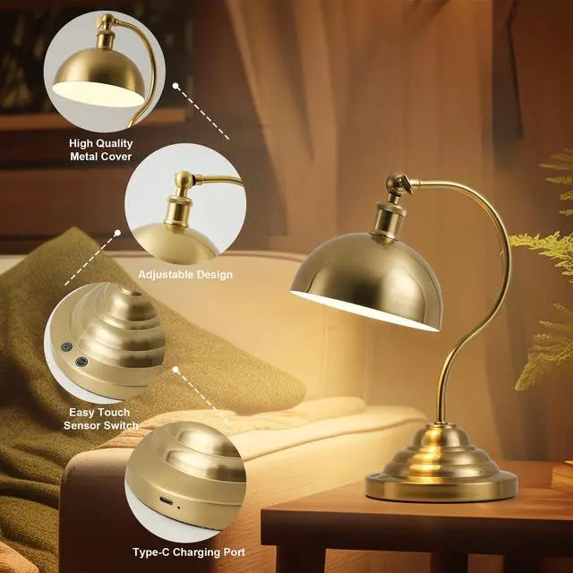 Alt view image 7 of 7 - Cordless LED Table Lamp, Battery Operated Desk Lamps with Swing Arm & Plastic Shade, Vintage Small Rechargeable Dimmable Light for Bedroom, Living Room, Nightstand, Brass