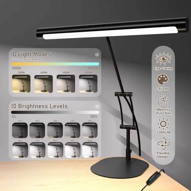 Alt view image 2 of 7 - LED Desk Lamp for Home Office, Eye-Protecting Desk Light with Base3 Color 10 Brightness Metal Table lamp,Suitable for Work, Study and Reading (Black)