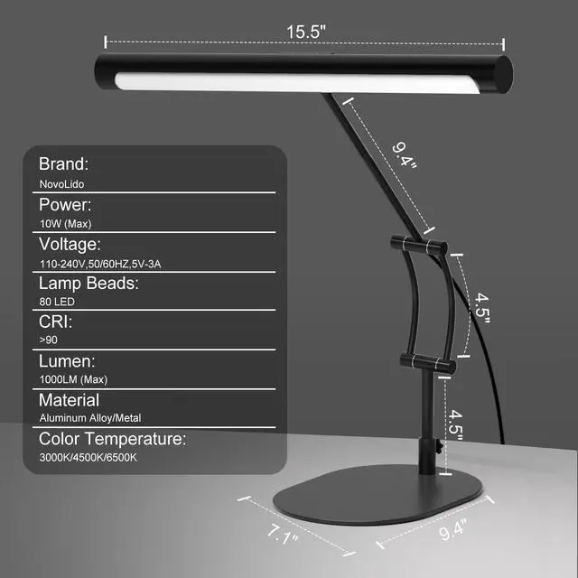 Alt view image 7 of 7 - LED Desk Lamp for Home Office, Eye-Protecting Desk Light with Base3 Color 10 Brightness Metal Table lamp,Suitable for Work, Study and Reading (Black)