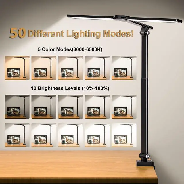 Alt view image 4 of 7 - LED Desk Lamp for Office Home, Height Adjustable Architect Desk Light with Clamp, Eye Caring Stepless Dimming Desk Lamp for Reading, Study, Workbench, 50 Lighting Models, Black