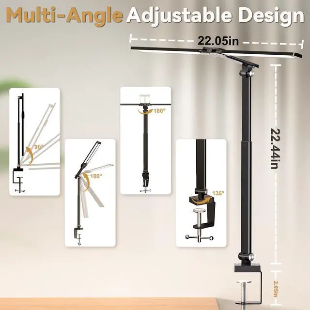 Alt view image 5 of 7 - LED Desk Lamp for Office Home, Height Adjustable Architect Desk Light with Clamp, Eye Caring Stepless Dimming Desk Lamp for Reading, Study, Workbench, 50 Lighting Models, Black