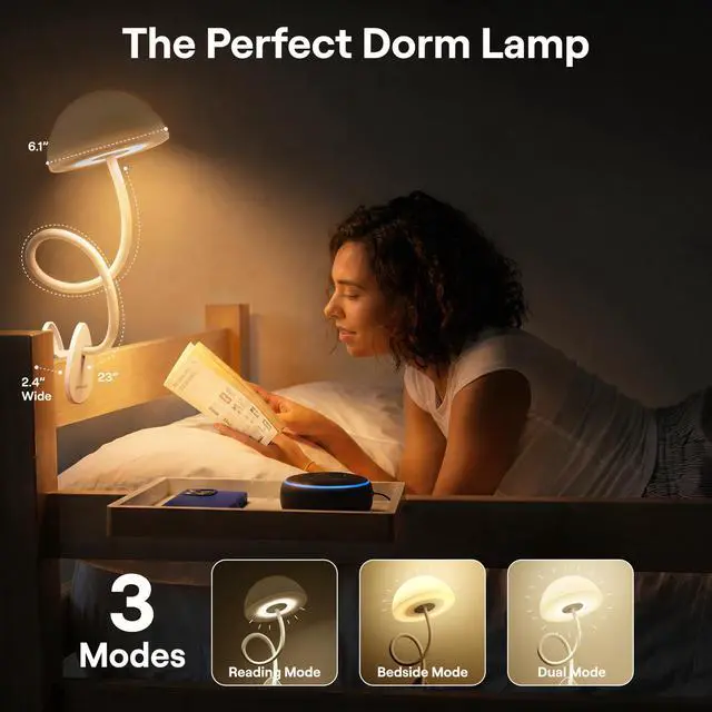Alt view image 2 of 6 - Shroommate Dorm Room Essential Clip On Bed Light - Headboard and Bedside Table Lamp, Flexible Reading Lamp, Night Light for Kids Nursery, Clip on for Desk, MultiColor LEDs, Adapter Included (White)