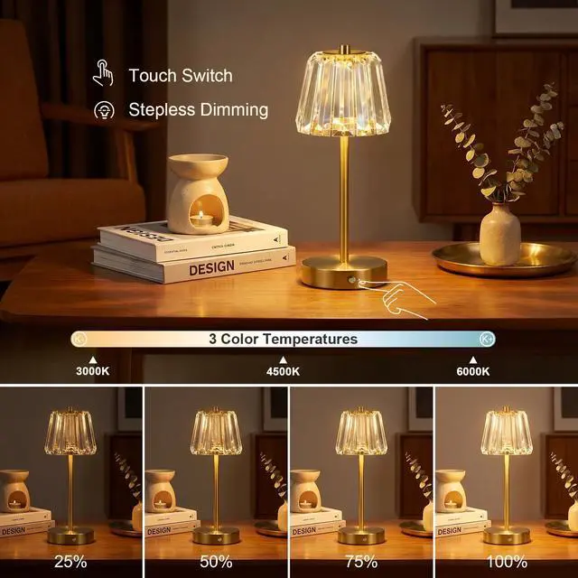 Alt view image 3 of 7 - 13" Small Crystal Cordless Table Lamp, Touch Rechargeable Desk Lamps