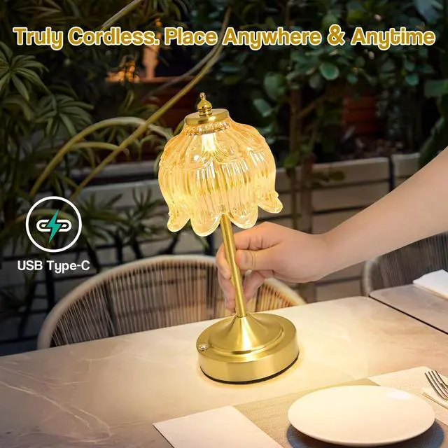 Alt view image 2 of 7 - Cordless Lotus Flower Table Lamp, 5200mAh Rechargeable Battery Operated Portable Lamp, 3-Color Dimmable Touch Control Small Desk Lamp for Bedroom, Office, Kitchen, Nightstand,Room Decor (Flower Amber)
