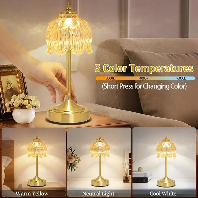 Alt view image 3 of 7 - Cordless Lotus Flower Table Lamp, 5200mAh Rechargeable Battery Operated Portable Lamp, 3-Color Dimmable Touch Control Small Desk Lamp for Bedroom, Office, Kitchen, Nightstand,Room Decor (Flower Amber)