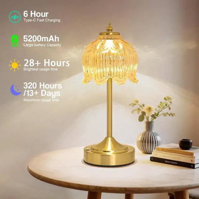 Alt view image 4 of 7 - Cordless Lotus Flower Table Lamp, 5200mAh Rechargeable Battery Operated Portable Lamp, 3-Color Dimmable Touch Control Small Desk Lamp for Bedroom, Office, Kitchen, Nightstand,Room Decor (Flower Amber)