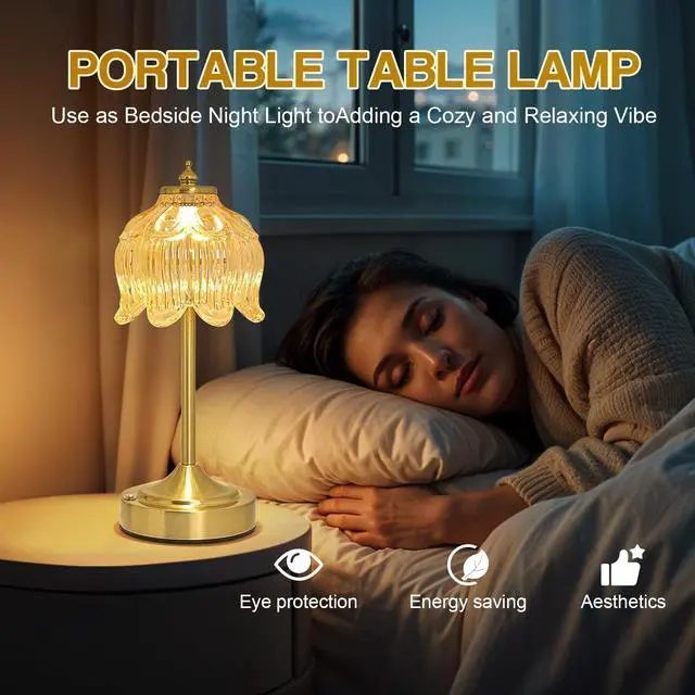 Alt view image 6 of 7 - Cordless Lotus Flower Table Lamp, 5200mAh Rechargeable Battery Operated Portable Lamp, 3-Color Dimmable Touch Control Small Desk Lamp for Bedroom, Office, Kitchen, Nightstand,Room Decor (Flower Amber)