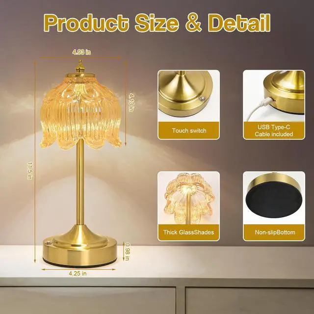 Alt view image 7 of 7 - Cordless Lotus Flower Table Lamp, 5200mAh Rechargeable Battery Operated Portable Lamp, 3-Color Dimmable Touch Control Small Desk Lamp for Bedroom, Office, Kitchen, Nightstand,Room Decor (Flower Amber)