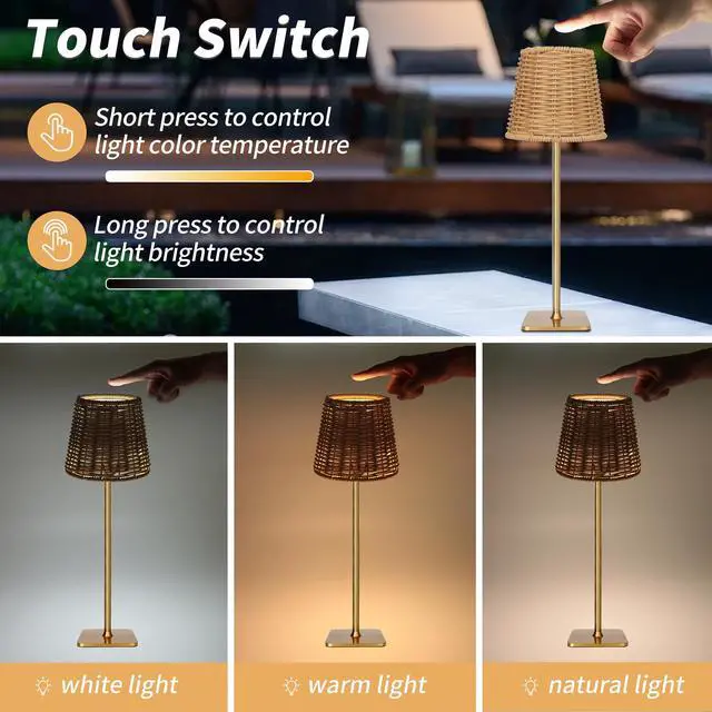 Alt view image 3 of 7 - Outdoor Waterproof Cordless Wireless Rechargeable Portable Top Touch Battery Operated Powered LED Table Lamp Desk Lamp Lights for Restaurant Kitchen Patio Dinner Dining (Gold)