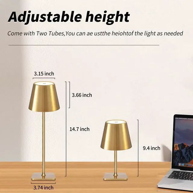 Alt view image 4 of 7 - Outdoor Waterproof Cordless Wireless Rechargeable Portable Top Touch Battery Operated Powered LED Table Lamp Desk Lamp Lights for Restaurant Kitchen Patio Dinner Dining (Gold)