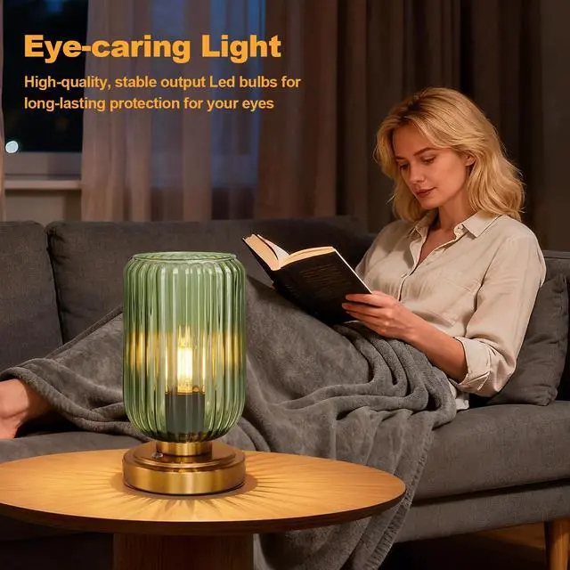 Alt view image 7 of 7 - Cordless Table Lamp for Bedroom, 7500mAh Rechargeable Battery Operated Lamp, Modern Touch Dimmable Wireless Lamp Gold Base Green Glass Shade for Living Room, Desk, Led Bulb Included