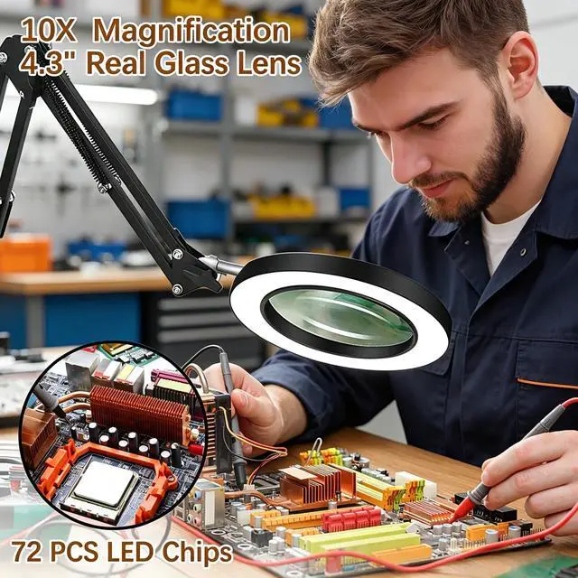 Alt view image 2 of 7 - 10X Magnifying Glass with Light and Clamp, Magnifier with Light Hands Free3 Color Modes Stepless Dimmable, 72 LEDs Real Glass Lens Magnifying Lamp for Close Work, Repair, Reading, Craft