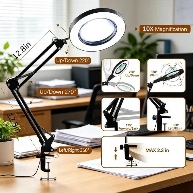 Alt view image 4 of 7 - 10X Magnifying Glass with Light and Clamp, Magnifier with Light Hands Free3 Color Modes Stepless Dimmable, 72 LEDs Real Glass Lens Magnifying Lamp for Close Work, Repair, Reading, Craft