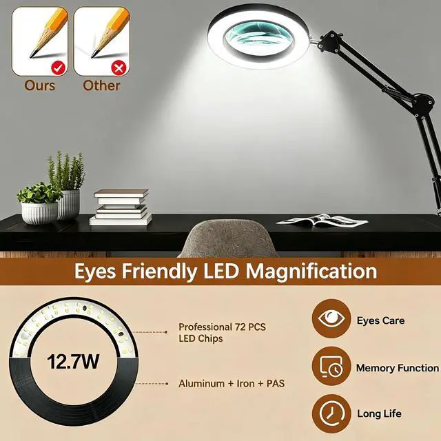 Alt view image 6 of 7 - 10X Magnifying Glass with Light and Clamp, Magnifier with Light Hands Free3 Color Modes Stepless Dimmable, 72 LEDs Real Glass Lens Magnifying Lamp for Close Work, Repair, Reading, Craft