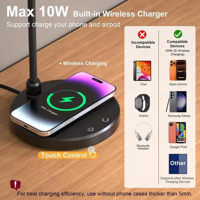 Alt view image 2 of 7 - Desk Lamp for Home Office, Small Desk Lamp with Wireless Charger, Dimmable 3 Color Modes Study Lamp, Adjustable Neck 800LM Eye-Caring Desk Light, Bedside, College Dorm, Adapter Included