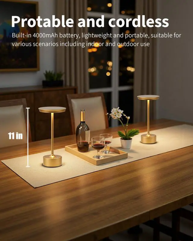 Alt view image 2 of 7 - Rechargeable Table Lamps Set of 2, Gold Cordless LED 4000mAh Battery Desk Lamp, Stepless Dimming & 3 Color 2700K-6000K, Portable Lamp for Bedroom, Living Room, Restaurant, Outdoor, Night Light