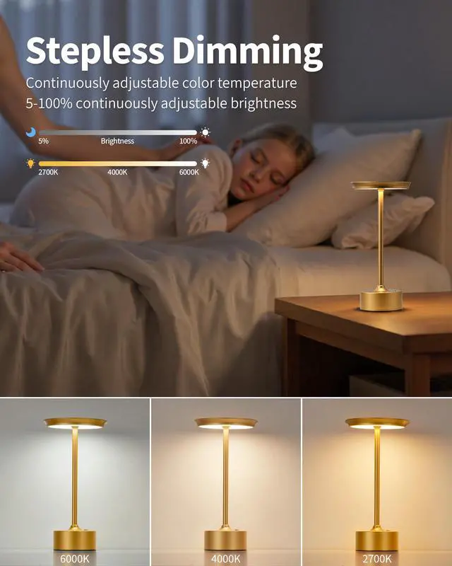 Alt view image 4 of 7 - Rechargeable Table Lamps Set of 2, Gold Cordless LED 4000mAh Battery Desk Lamp, Stepless Dimming & 3 Color 2700K-6000K, Portable Lamp for Bedroom, Living Room, Restaurant, Outdoor, Night Light