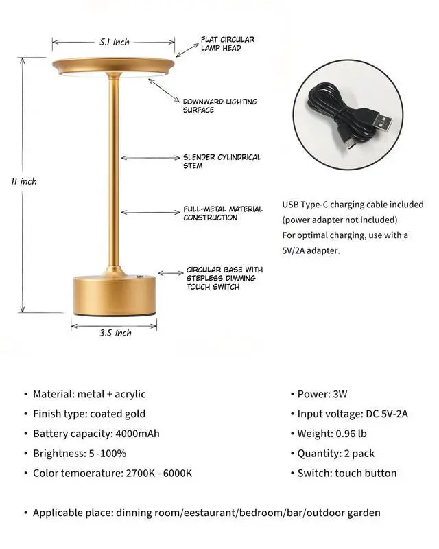 Alt view image 6 of 7 - Rechargeable Table Lamps Set of 2, Gold Cordless LED 4000mAh Battery Desk Lamp, Stepless Dimming & 3 Color 2700K-6000K, Portable Lamp for Bedroom, Living Room, Restaurant, Outdoor, Night Light