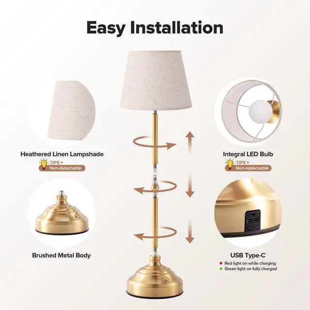 Alt view image 2 of 7 - 2 Pack Cordless Table Lamp, Rechargeable Desk Lamp with Fabric Shade, Battery Operated 3 Color Stepless Dimming, Small Touch Bedside Lamp Home Decor for Dining, Counter(Brushed Gold)