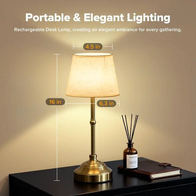 Alt view image 3 of 7 - 2 Pack Cordless Table Lamp, Rechargeable Desk Lamp with Fabric Shade, Battery Operated 3 Color Stepless Dimming, Small Touch Bedside Lamp Home Decor for Dining, Counter(Brushed Gold)