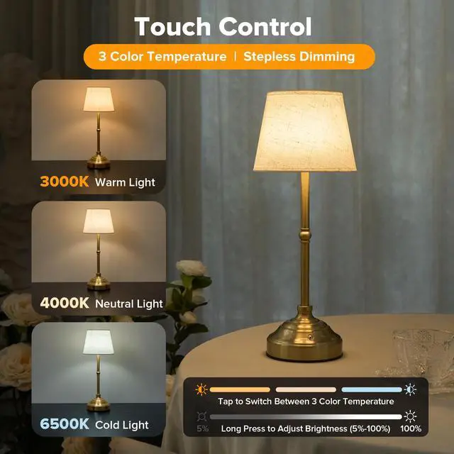 Alt view image 4 of 7 - 2 Pack Cordless Table Lamp, Rechargeable Desk Lamp with Fabric Shade, Battery Operated 3 Color Stepless Dimming, Small Touch Bedside Lamp Home Decor for Dining, Counter(Brushed Gold)