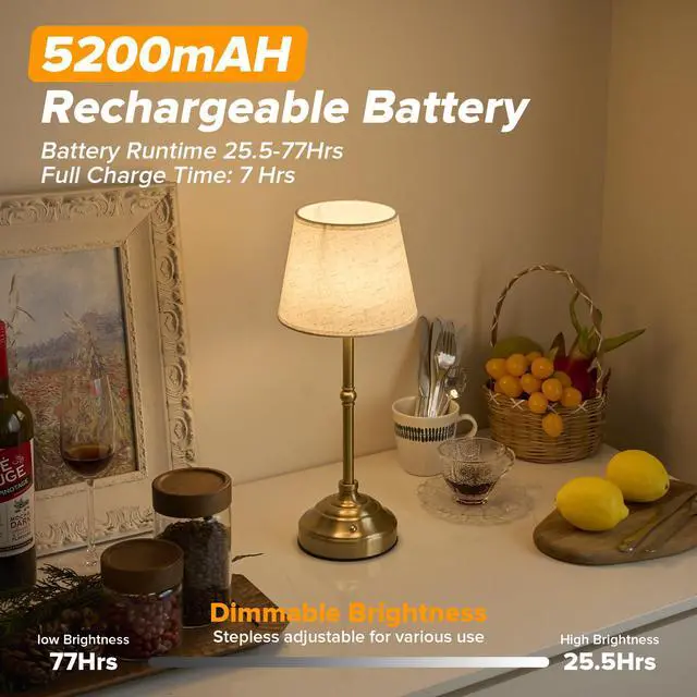 Alt view image 5 of 7 - 2 Pack Cordless Table Lamp, Rechargeable Desk Lamp with Fabric Shade, Battery Operated 3 Color Stepless Dimming, Small Touch Bedside Lamp Home Decor for Dining, Counter(Brushed Gold)