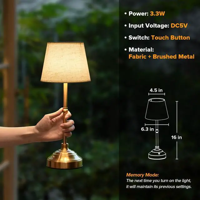 Alt view image 6 of 7 - 2 Pack Cordless Table Lamp, Rechargeable Desk Lamp with Fabric Shade, Battery Operated 3 Color Stepless Dimming, Small Touch Bedside Lamp Home Decor for Dining, Counter(Brushed Gold)