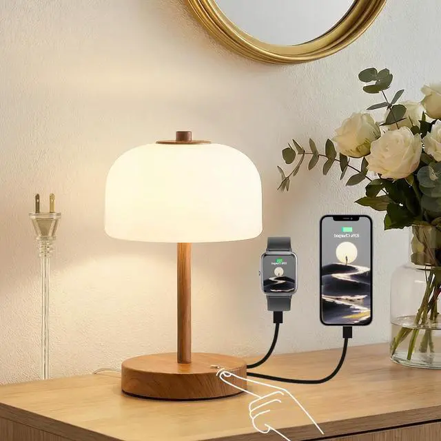 Main image of 9.5" Corded Touch Control Table Lamp with USB A+C Charging Ports, Wood Grain Dimmable LED Bedside Lamp with 3 Color Temperatures, Small Modern Table Lamps for Bedroom Nightstand Living Room