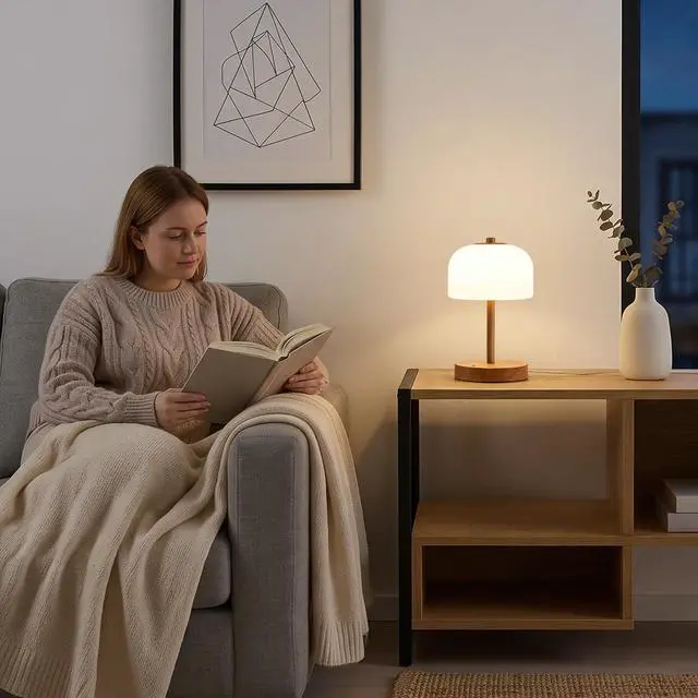 Alt view image 2 of 7 - 9.5" Corded Touch Control Table Lamp with USB A+C Charging Ports, Wood Grain Dimmable LED Bedside Lamp with 3 Color Temperatures, Small Modern Table Lamps for Bedroom Nightstand Living Room