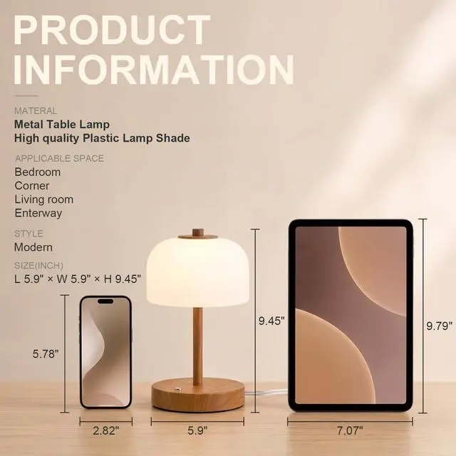 Alt view image 4 of 7 - 9.5" Corded Touch Control Table Lamp with USB A+C Charging Ports, Wood Grain Dimmable LED Bedside Lamp with 3 Color Temperatures, Small Modern Table Lamps for Bedroom Nightstand Living Room