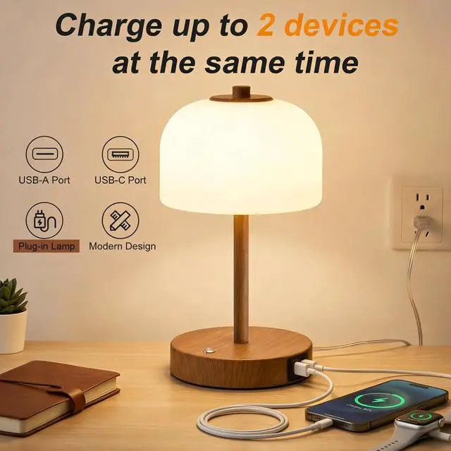 Alt view image 5 of 7 - 9.5" Corded Touch Control Table Lamp with USB A+C Charging Ports, Wood Grain Dimmable LED Bedside Lamp with 3 Color Temperatures, Small Modern Table Lamps for Bedroom Nightstand Living Room