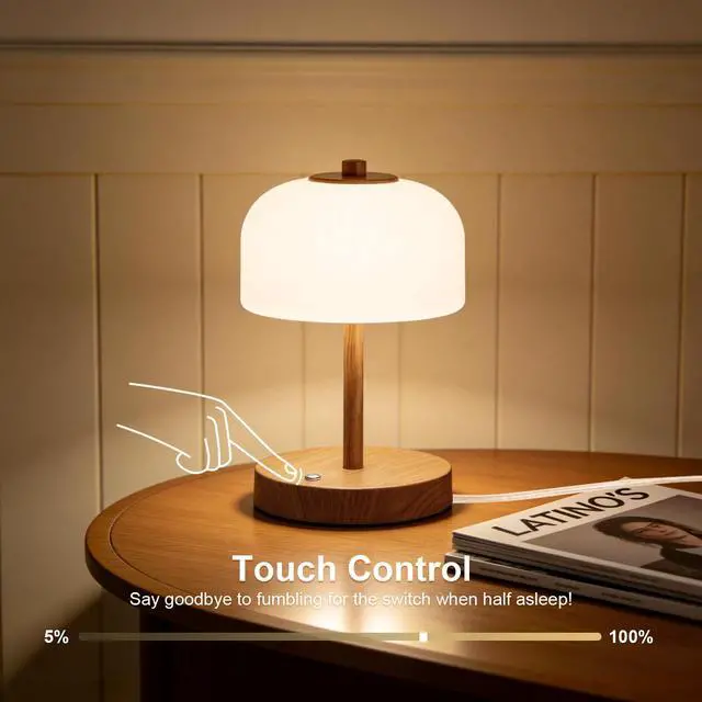 Alt view image 6 of 7 - 9.5" Corded Touch Control Table Lamp with USB A+C Charging Ports, Wood Grain Dimmable LED Bedside Lamp with 3 Color Temperatures, Small Modern Table Lamps for Bedroom Nightstand Living Room