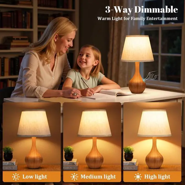 Alt view image 2 of 7 - Touch Table Lamp for Bedroom, 3-Way Dimmable Small Bedside Lamps for Night Stands with Wires, Wood-Paint Desk Lamp for Kids Room, Office, Living Room, End Table(LED Bulb Included)