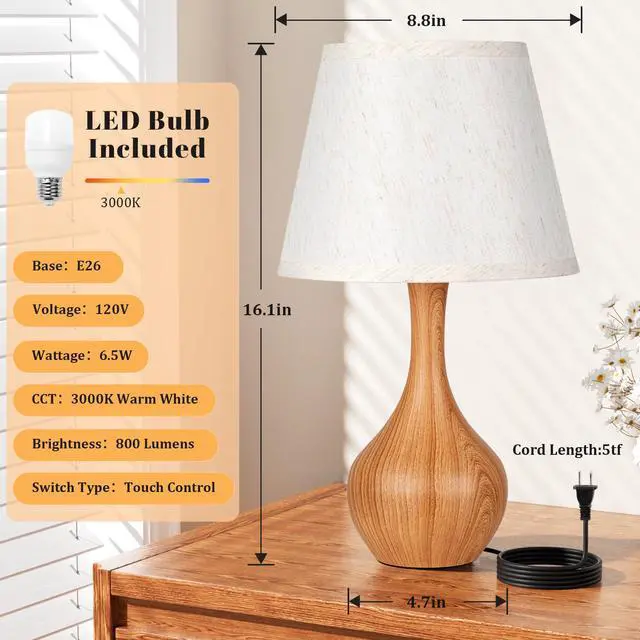 Alt view image 5 of 7 - Touch Table Lamp for Bedroom, 3-Way Dimmable Small Bedside Lamps for Night Stands with Wires, Wood-Paint Desk Lamp for Kids Room, Office, Living Room, End Table(LED Bulb Included)