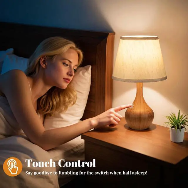 Alt view image 3 of 7 - Touch Table Lamp for Bedroom, 3-Way Dimmable Small Bedside Lamps for Night Stands with Wires, Wood-Paint Desk Lamp for Kids Room, Office, Living Room, End Table(LED Bulb Included)