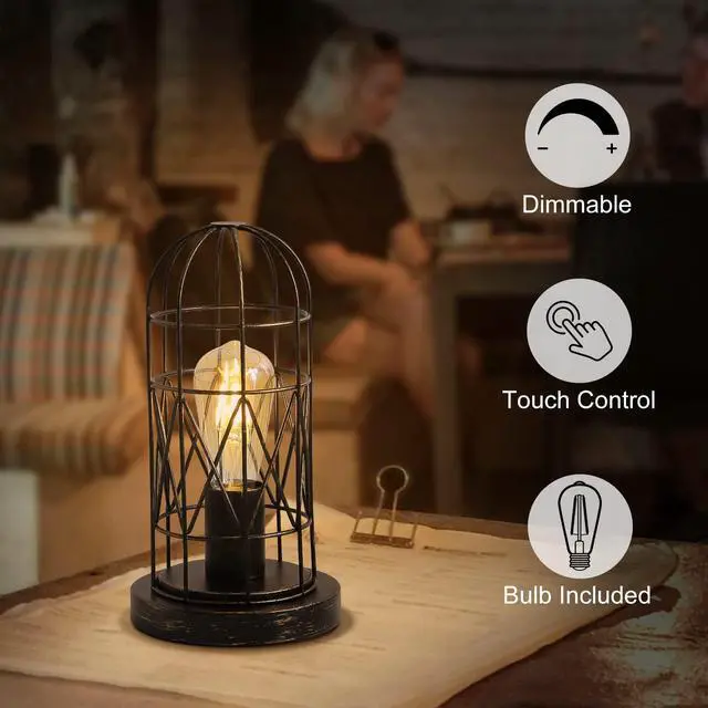 Alt view image 3 of 7 - Industrial Table Lamp, 3-Way Dimmable Small Touch Lamp with Rustic Cage