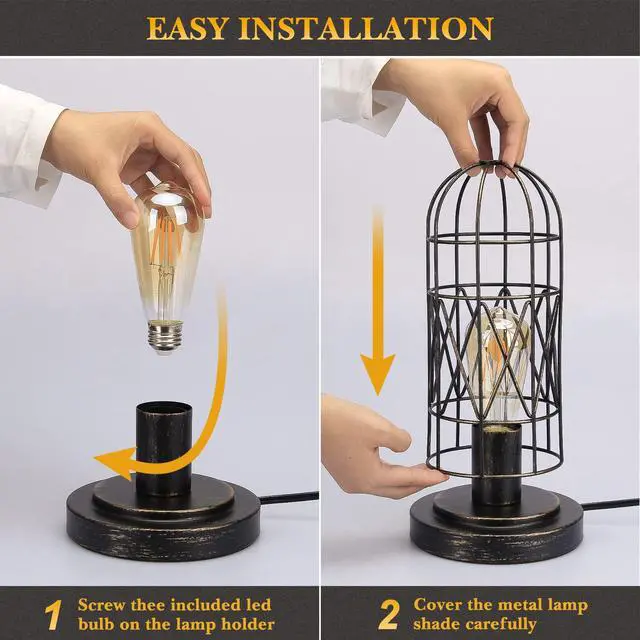 Alt view image 5 of 7 - Industrial Table Lamp, 3-Way Dimmable Small Touch Lamp with Rustic Cage