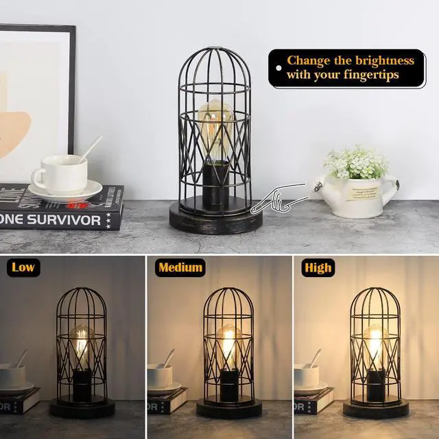 Alt view image 4 of 7 - Industrial Table Lamp, 3-Way Dimmable Small Touch Lamp with Rustic Cage