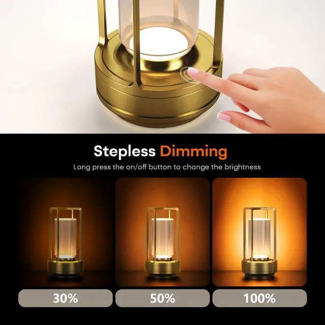 Alt view image 4 of 7 - Rechargeable Cordless Small Metal Table Lamp, Stepless Dimming, 3-Color