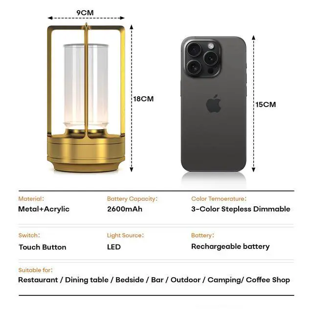 Alt view image 5 of 7 - Rechargeable Cordless Small Metal Table Lamp, Stepless Dimming, 3-Color