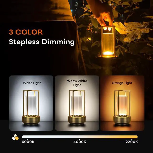Alt view image 6 of 7 - Rechargeable Cordless Small Metal Table Lamp, Stepless Dimming, 3-Color