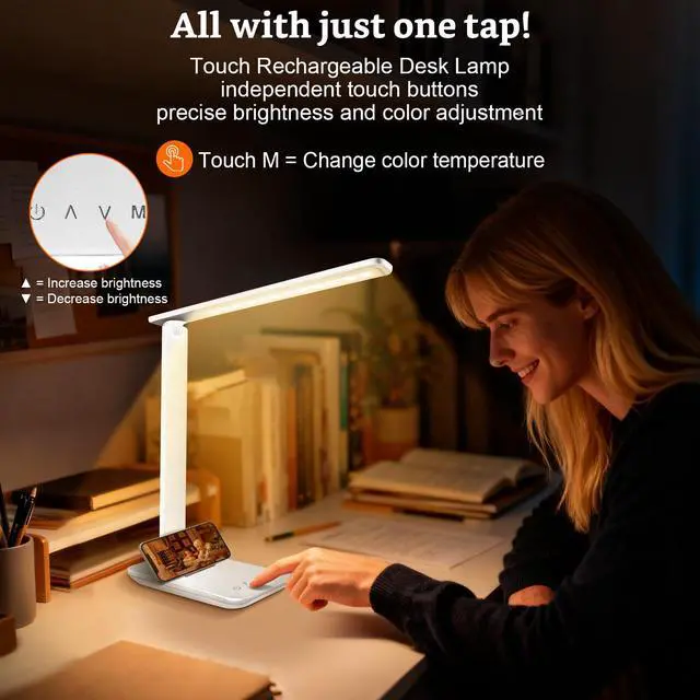 Alt view image 6 of 7 - LED Portable Bright Rechargeable Desk Lamp, 4000mah Dimmable Touch Battery Operated Eye-friendly Desk Light With Charger, Adjustable Modern Cordless Table Lamps For Office Home Nail Craft Puzzle White