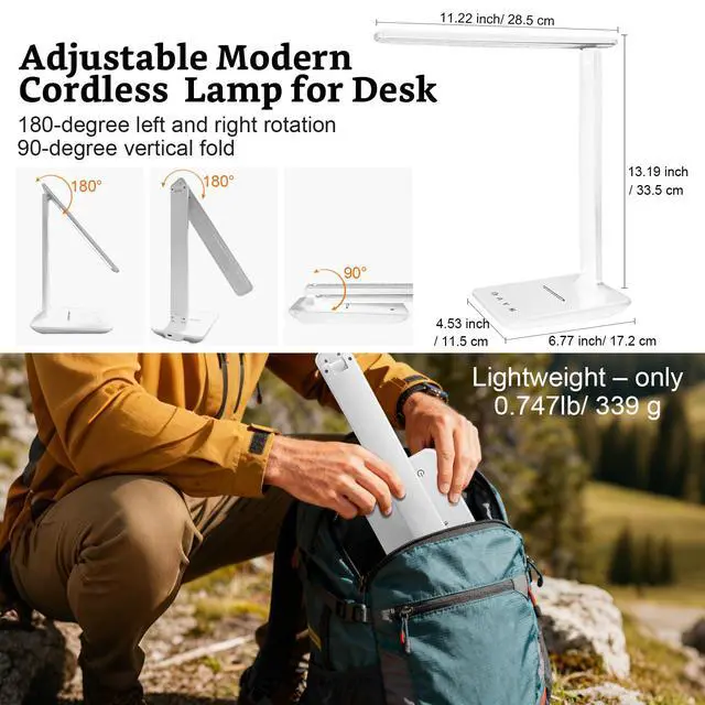 Alt view image 7 of 7 - LED Portable Bright Rechargeable Desk Lamp, 4000mah Dimmable Touch Battery Operated Eye-friendly Desk Light With Charger, Adjustable Modern Cordless Table Lamps For Office Home Nail Craft Puzzle White
