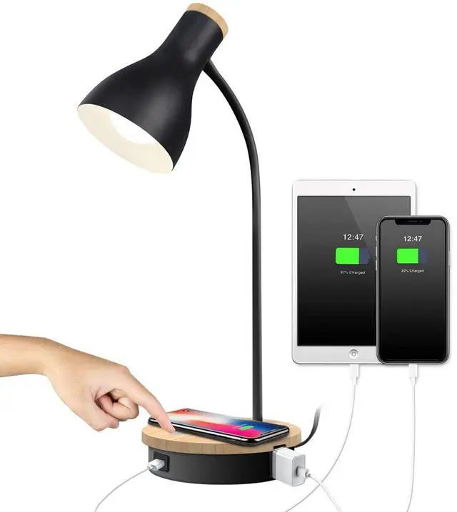 Main image of Metal Desk Lamp Wireless Charging Table Lamp Touch Reading Lights Arc Desk Lamps for Bedroom, 3 Way Dimmable Bedside Lamp with USB Charging Ports Lamp for Study Room and Office (Black)