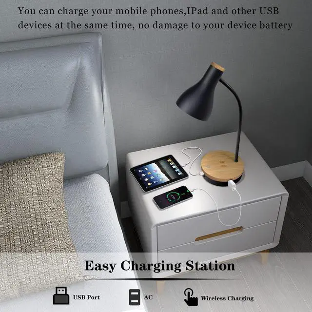 Alt view image 2 of 7 - Metal Desk Lamp Wireless Charging Table Lamp Touch Reading Lights Arc Desk Lamps for Bedroom, 3 Way Dimmable Bedside Lamp with USB Charging Ports Lamp for Study Room and Office (Black)