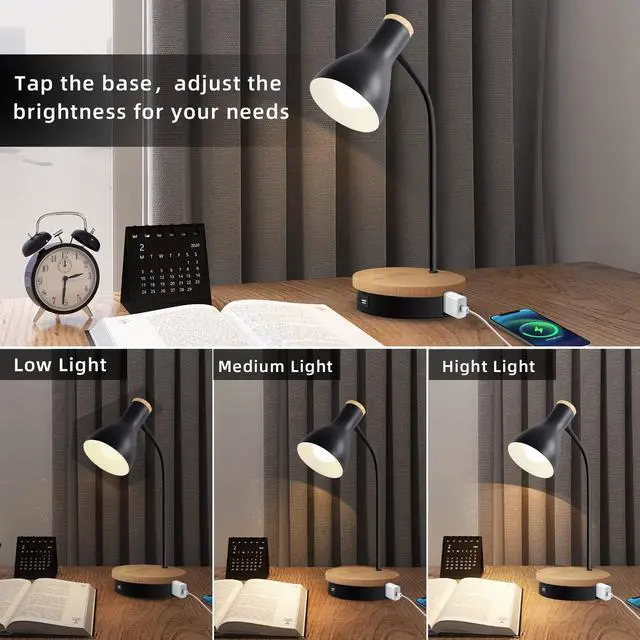 Alt view image 7 of 7 - Metal Desk Lamp Wireless Charging Table Lamp Touch Reading Lights Arc Desk Lamps for Bedroom, 3 Way Dimmable Bedside Lamp with USB Charging Ports Lamp for Study Room and Office (Black)