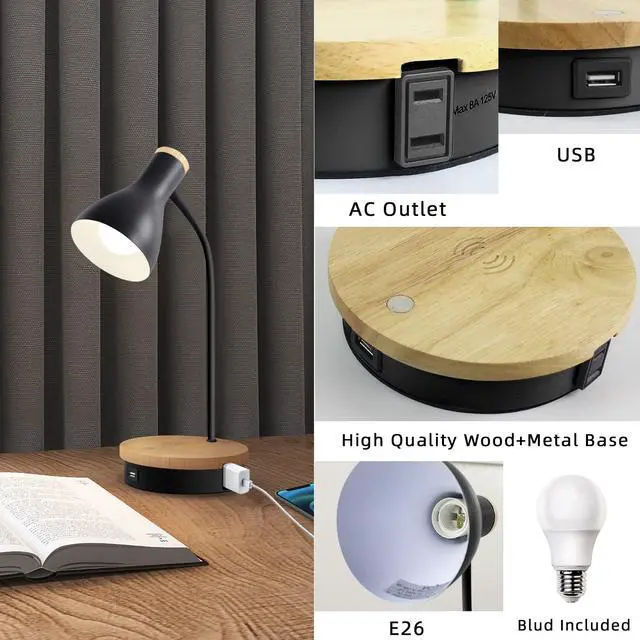 Alt view image 4 of 7 - Metal Desk Lamp Wireless Charging Table Lamp Touch Reading Lights Arc Desk Lamps for Bedroom, 3 Way Dimmable Bedside Lamp with USB Charging Ports Lamp for Study Room and Office (Black)