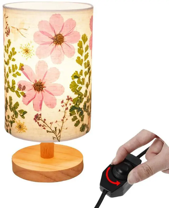 Main image of Dried Flowers Small Table Lamp 9W LED Dimmable Warm Light Pressed Flower Bedside Lamp Linen Shade with Wood Base for Bedroom Living Room Desk Nursery