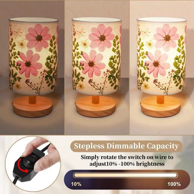Alt view image 3 of 7 - Dried Flowers Small Table Lamp 9W LED Dimmable Warm Light Pressed Flower Bedside Lamp Linen Shade with Wood Base for Bedroom Living Room Desk Nursery